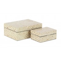 Decmode Set of 2 Natural Wood and Shell Rectangular Tan and Gray Decorative Boxes With Lid, Distressed   566924741